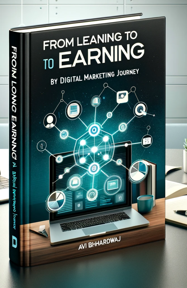 DALL·E 2024-01-09 11.40.58 - eBook mockup showing a digital marketing handbook titled 'From Learning to Earning_ Your Digital Marketing Journey' by Avi Bharadwaj. The cover featur